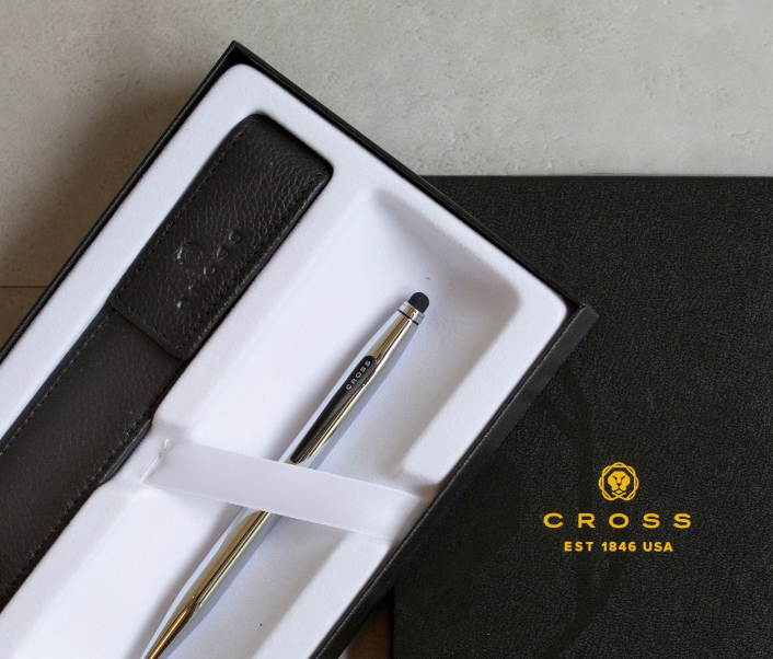 【可雷雕】美國 CROSS Tech2 亮鉻原子筆+真皮單支裝筆套禮盒