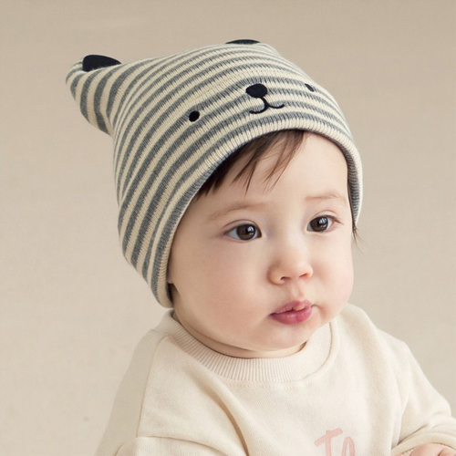 韓國 Happy Prince Nua Beanie條紋小熊純棉嬰兒寶寶帽 灰色S