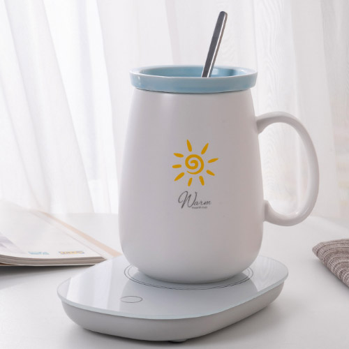 創意小物館 質感溫暖加熱杯墊+陶瓷杯+勺子組合 白色太陽款