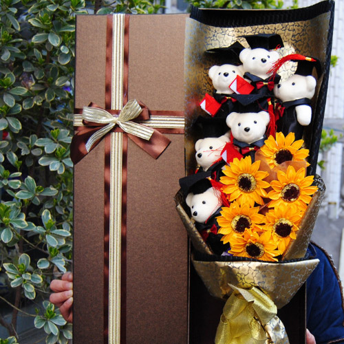 創意小物館 繽紛燦爛畢業小熊向日葵花束禮盒組 蝴蝶結咖啡色盒