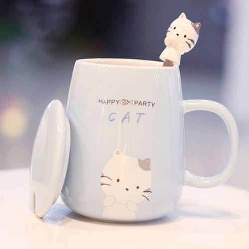 家居生活雜貨舖 可愛繽紛小動物帶蓋陶瓷馬克杯(附勺) 藍色貓咪