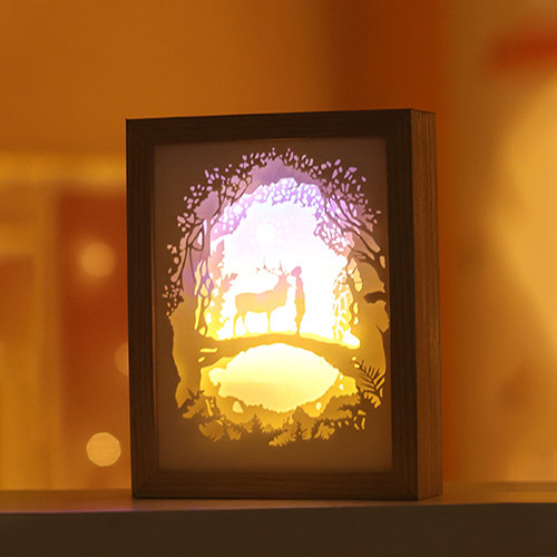 家居生活雜貨鋪 3D光影紙雕相框小夜燈 麋鹿與女孩