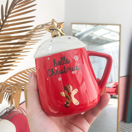 家居生活雜貨舖 聖誕星願帶蓋馬克杯 紅色薑餅人
