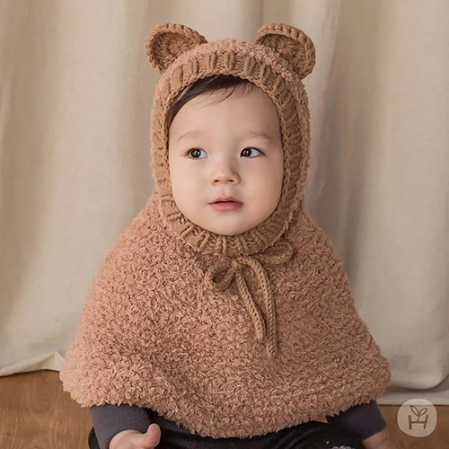 韓國 Happy Prince O-nia小熊保暖嬰兒連帽披肩-深米色