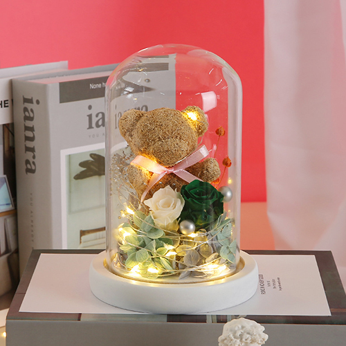 創意小物館 苔蘚小熊永生玫瑰玻璃罩擺飾燈 米色