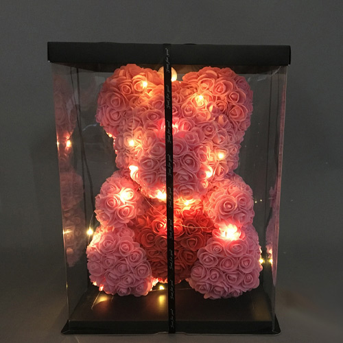 創意小物館 永生玫瑰浪漫小熊 40cm 彩燈禮盒版 粉色紅心