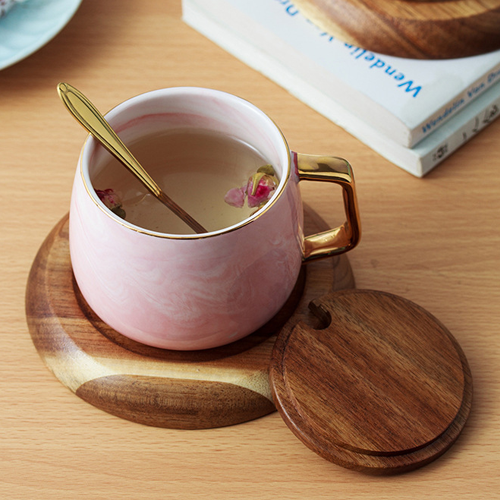 家居生活雜貨舖 輕奢大理石陶瓷咖啡杯+木座木蓋套組 粉色