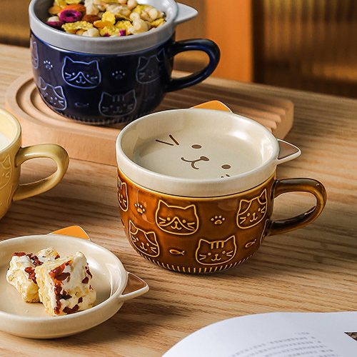 【11/3~12/31冬季85折優惠】家居生活雜貨舖 日式貓咪帶蓋陶瓷馬克杯 三花貓