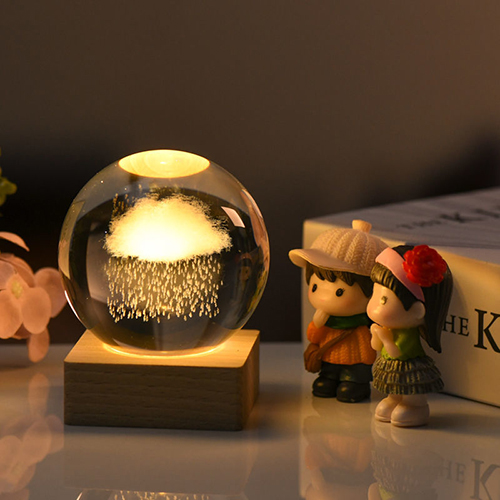 創意小物館 3D雷雕水晶球小夜燈 小號 雲朵雨