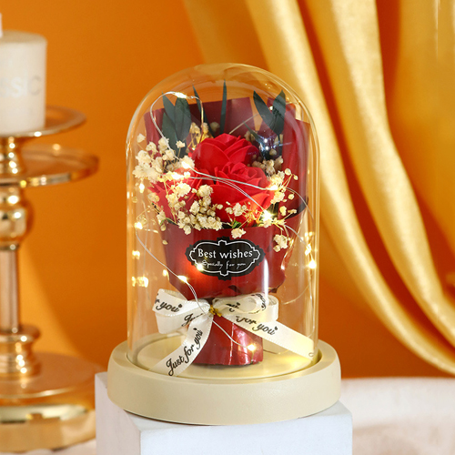 【3/29~5/31畢業季88折優惠】創意小物館 仿真香皂香味花束玻璃罩裝飾燈 紅玫瑰