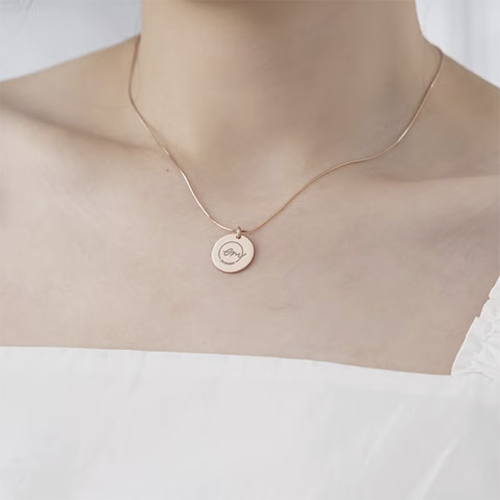 獨家記憶手作 【客製化刻字】蛇骨鍊圓牌項鍊 訂製 圖案 925純銀 金 銀 玫瑰金(玫瑰金-單面雕刻)