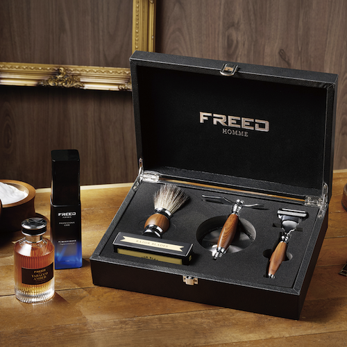 【FREED】 男士五刀式刮鬍刀護理豪華禮盒搭修容套組(仿胡桃木+刮鬍露+菸草琥珀鬍後純露)