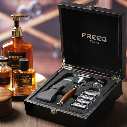 【FREED】 男士輕奢組 - 尊爵四件組五刀刮鬍刀禮盒 +刮鬍露(仿胡桃木+男士極致香氛刮鬍精華露)