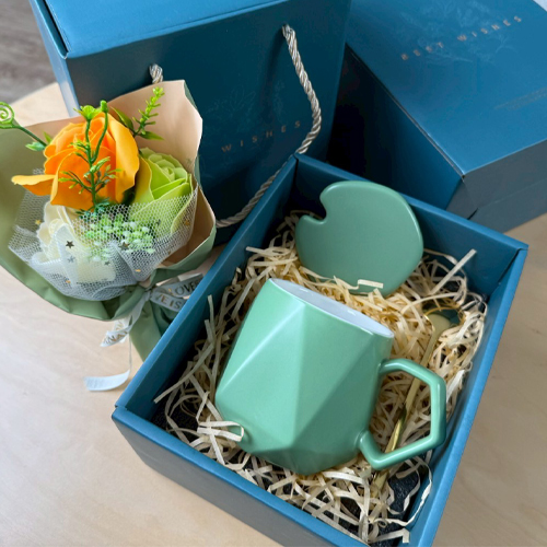 創意小物館 鑽石陶瓷杯花束禮盒套組 莫蘭迪綠