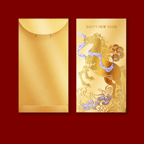 【11/4~12/31聖誕商品B2B優惠】卡片提袋包材館 雙色燙金馬年紅包袋 (一組6入) 駿納千祥-金色