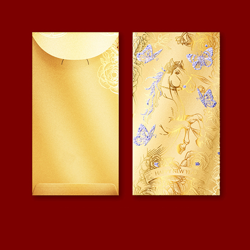 【11/4~12/31聖誕商品B2B優惠】卡片提袋包材館 雙色燙金馬年紅包袋 (一組6入) 錦馬銜花-金色