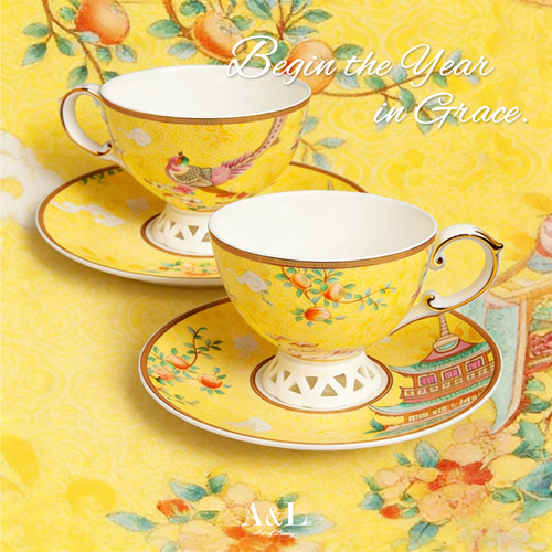 A&L 經典骨瓷咖啡對杯禮盒組(五福報喜(黃)