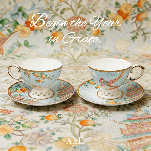 A&L 經典骨瓷咖啡對杯禮盒組(五福報喜(藍))