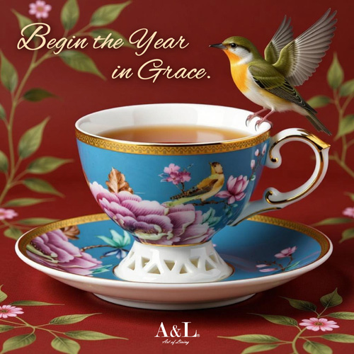 A&L 經典骨瓷咖啡對杯禮盒組(花樣春曉(翠藍))