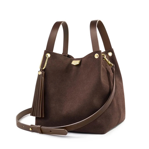 ADOLE Lab流蘇麂皮/ 可調式棉織帶小水桶包 可可色(加贈內袋、流蘇吊飾)