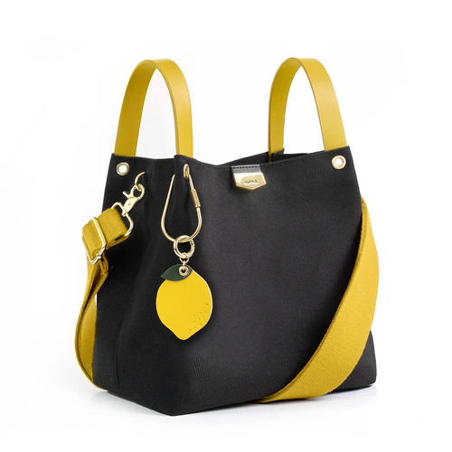 ADOLELab皮革帆布可調式棉織帶 小水桶包 黑x檸檬黃(加贈內袋及檸檬吊飾含鑰匙圈)