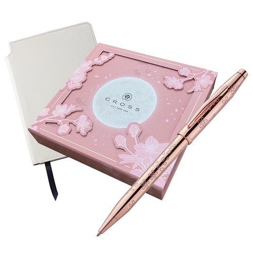 CROSS Century II 新世紀櫻花系列 玫瑰鍍金 原子筆配白色橫線筆記本 M 禮盒
