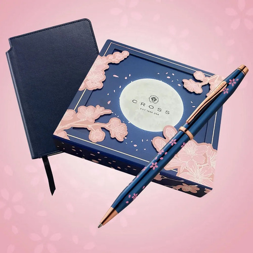 CROSS Century II 新世紀櫻花系列 亮藍漆鍍金 原子筆配藍色橫線筆記本 M 禮盒