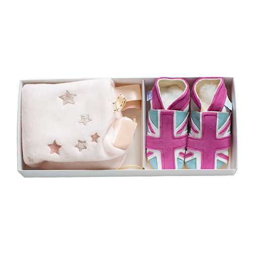 Daisy Roots 彌月禮盒 英國手工鞋M號+方巾 - 粉紅國旗/米色方巾