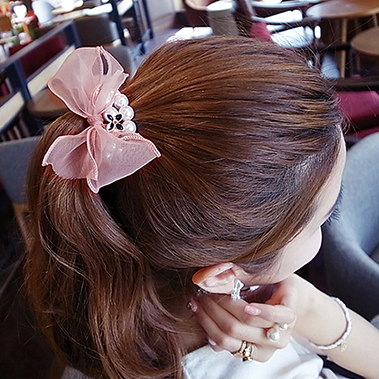 韓國 NaniWorld 粉紅美女緞帶髮束 #2947