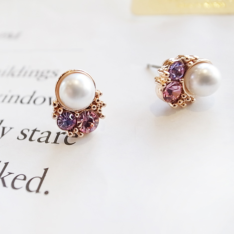 韓國 NaniWorld 珍珠雙鑽風耳環 #3524 玫瑰金