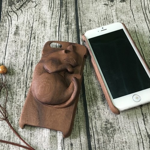 木城工坊 iphone6 PLUS 原木3D手機殼 3D立體款 貓 胡桃木