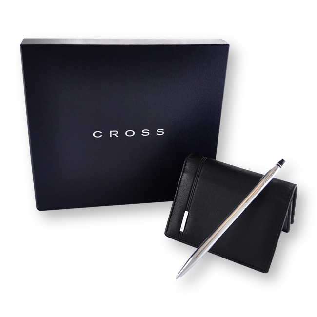 【可雷雕】CROSS 立卡系列 亮鉻原子筆+經典世紀信用卡夾(黑)禮盒