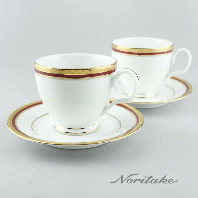 日本 Noritake 華漾風華咖啡對杯禮盒 (金邊紅色)
