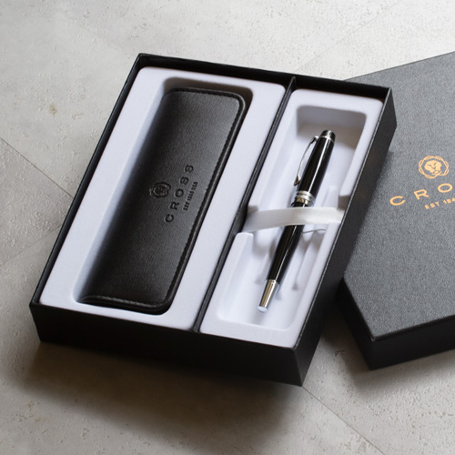 【可雷雕】美國 CROSS 貝禮系列 黑琺瑯鋼珠筆+拉鍊式筆套 禮盒組