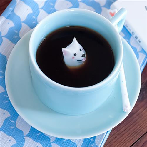 三淺陶社  薩摩耶咖啡杯三件套(影青)