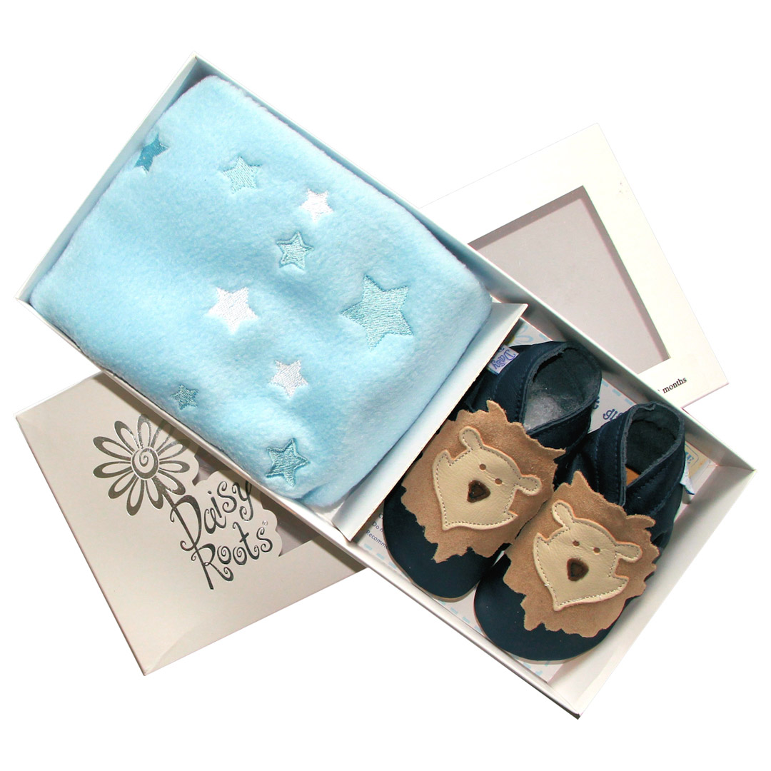 Daisy Roots 彌月禮盒 英國手工鞋S號+方巾 - 帥氣獅王/藍色方巾