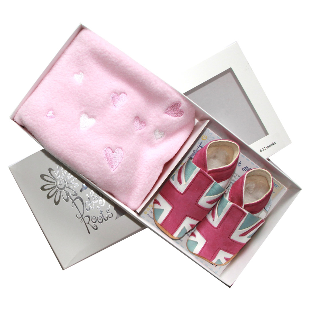 Daisy Roots 彌月禮盒 英國手工鞋S號+方巾 - 藍底小花/粉紅方巾