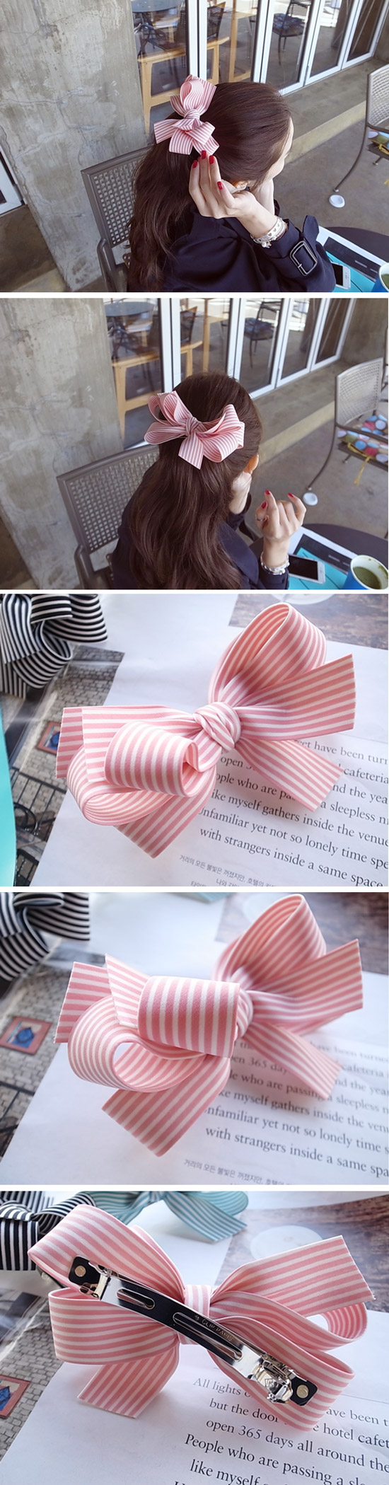 韓國 NaniWorld 小清新條紋蝴蝶結髮夾 #3585 粉紅色