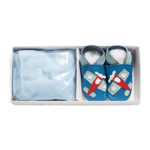 Daisy Roots 彌月禮盒 英國手工鞋+方巾 - 飛機/藍色方巾