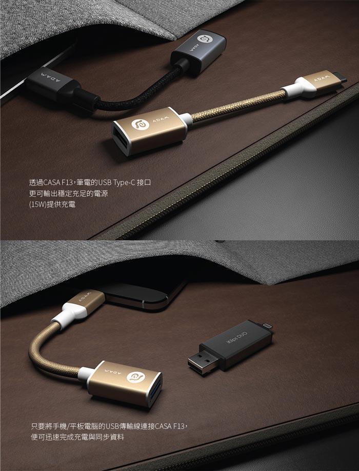 亞果元素 CASA F13 USB Type-C 對 USB 轉接器(金)