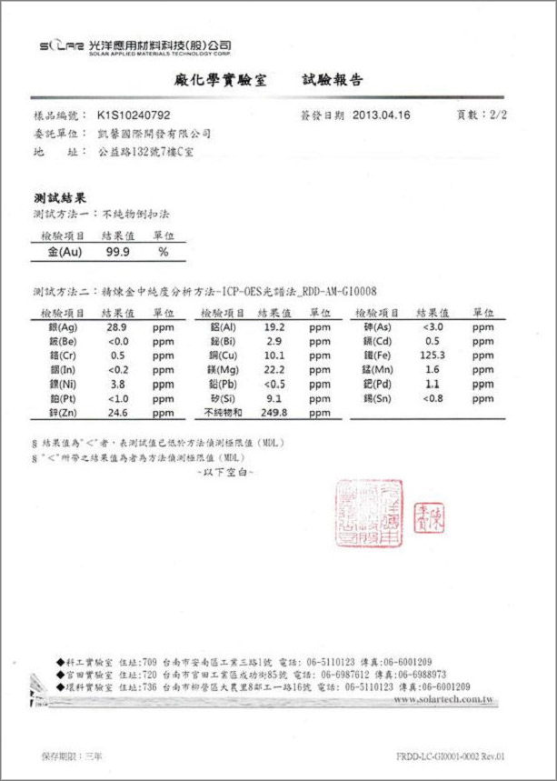 台灣貴金屬平台99.9%純金箔檢驗證書