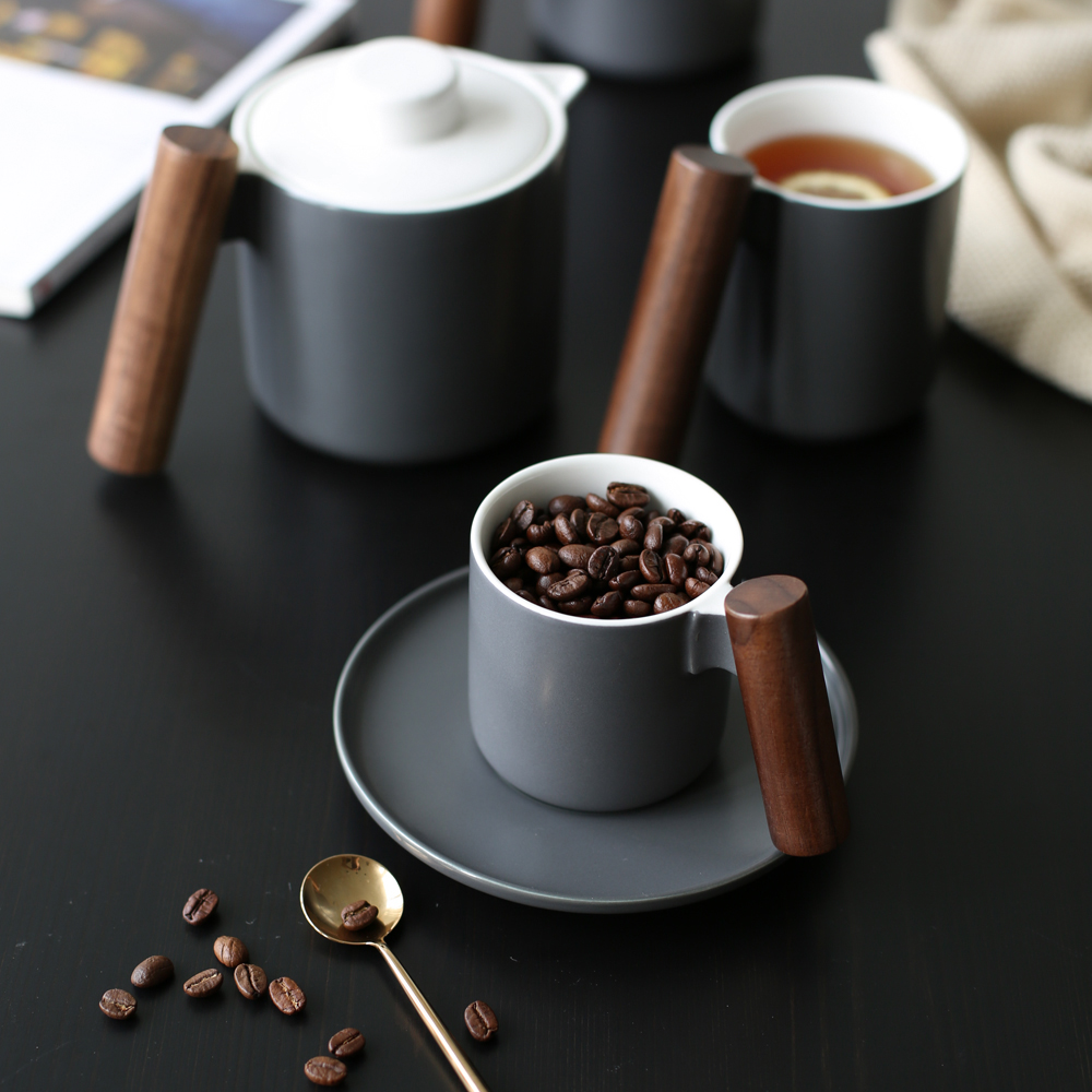 創意小物館 北歐簡約風 陶瓷木柄咖啡杯盤組 黑色