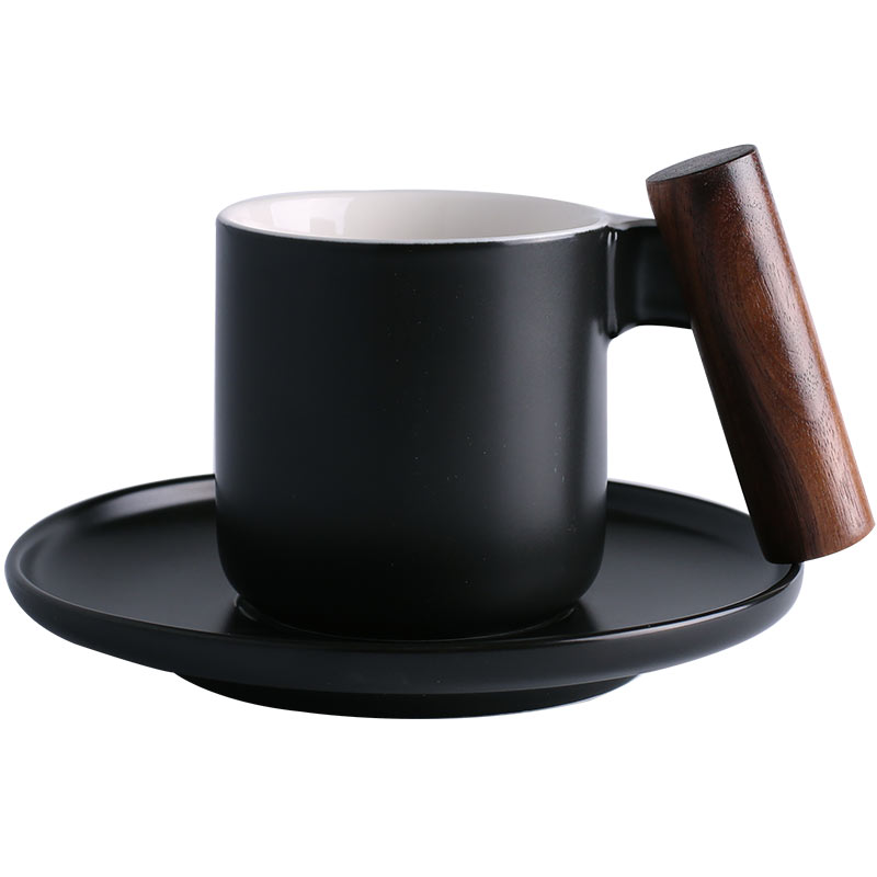 創意小物館 北歐簡約風 陶瓷木柄咖啡杯盤組 黑色