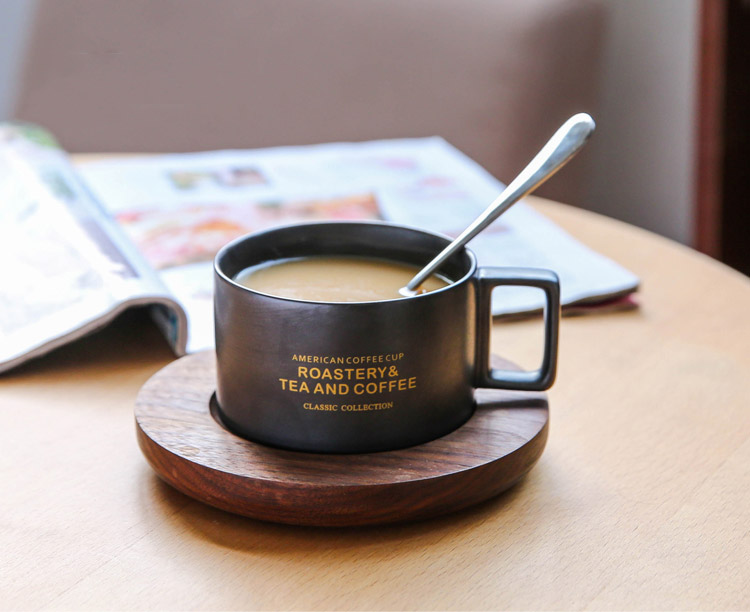 創意小物館 創意古著美式咖啡杯(附勺+木盤) 啞光黑