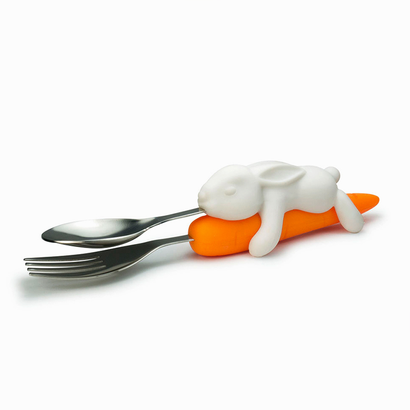 美國Fred&Friends 蘿蔔兔造型兒童餐具二件組(叉子+勺子) Snack Rabbit