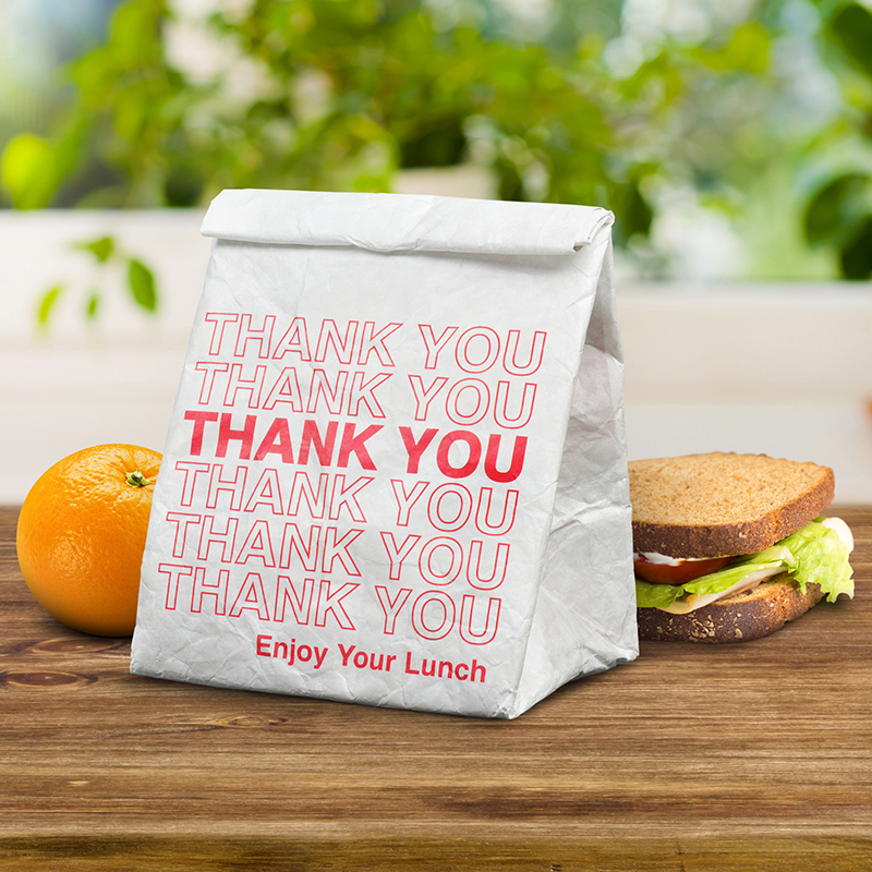 謝謝您重覆使用此袋子與減少垃圾的產生!帶著Out to Lunch 袋子去午餐! 經典美式外袋袋子的造型。
