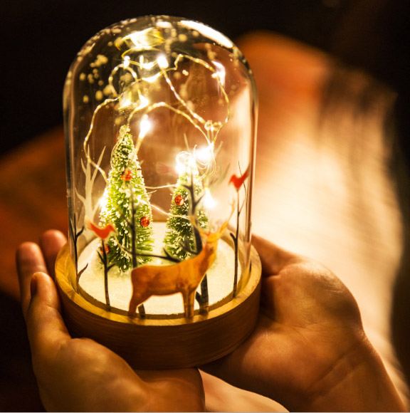 創意小物館 微景觀聖誕玻璃罩夜燈 麋鹿與樹