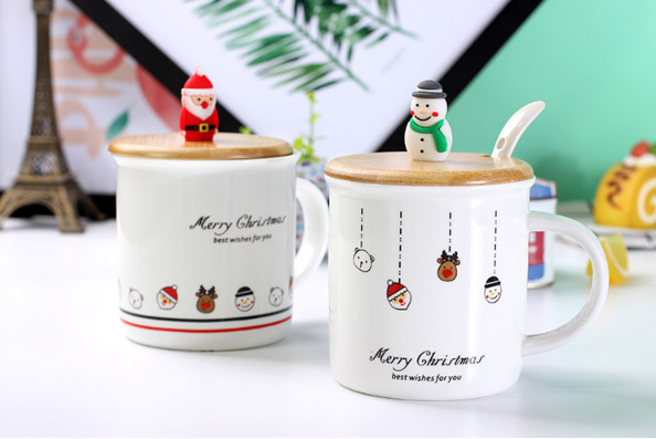 家居生活雜貨舖 可愛聖誕帶蓋陶瓷水杯 聖誕老人條紋款