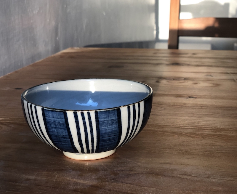 日本 萬古燒藍窯 經典對碗組(十草/藍縞)
