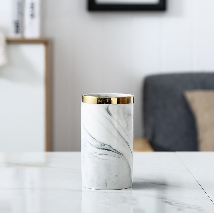 家居生活雜貨舖 北歐簡約質感大理石紋鍍金陶瓷花瓶 白色